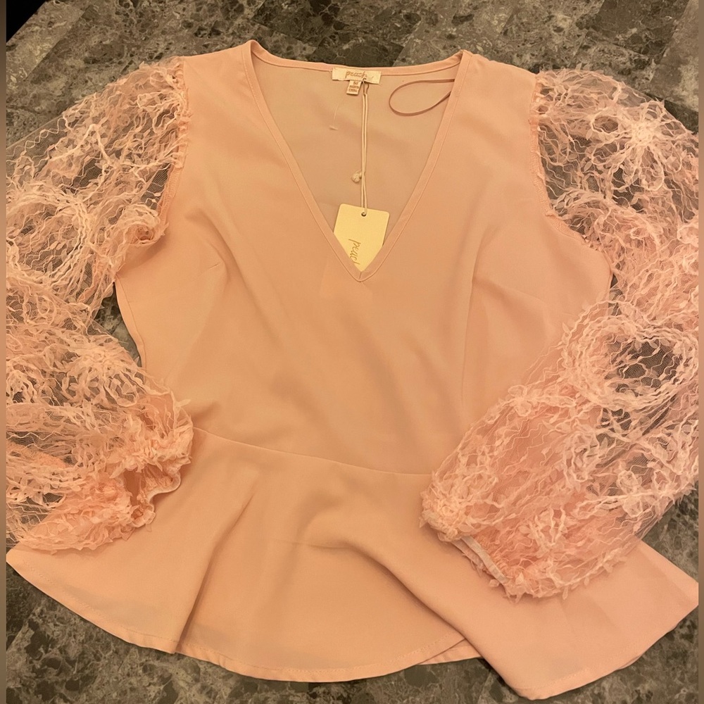 Pink Lace Blouse with Sheer Sleeves